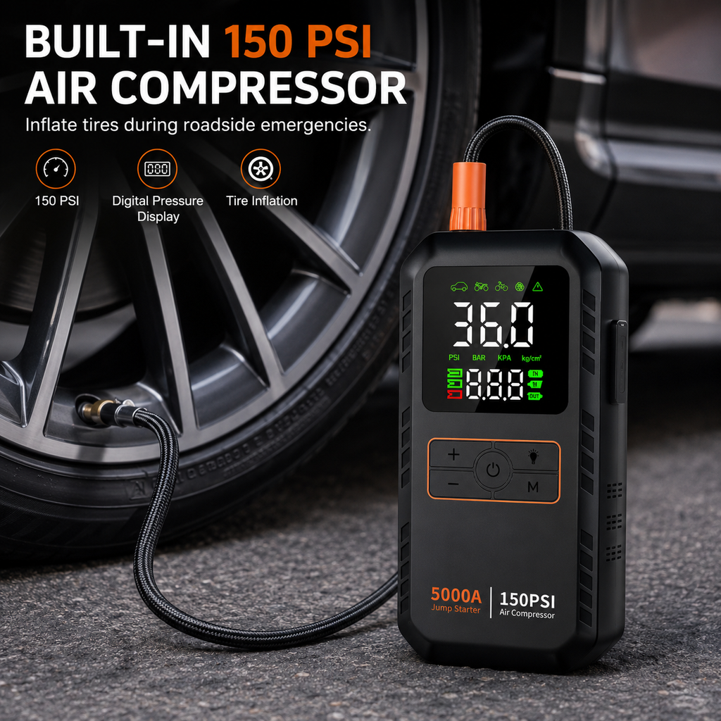 Přenosný startér do auta - 5000A špičkový proud - 4 v 1 - vzduchový kompresor - 16000mAh - 150 PSI