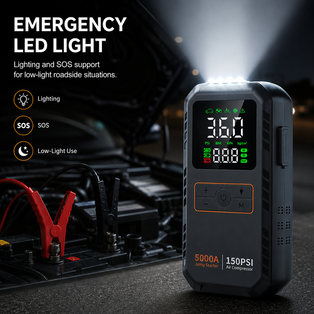 Přenosný startér do auta - 5000A špičkový proud - 4 v 1 - vzduchový kompresor - 16000mAh - 150 PSI
