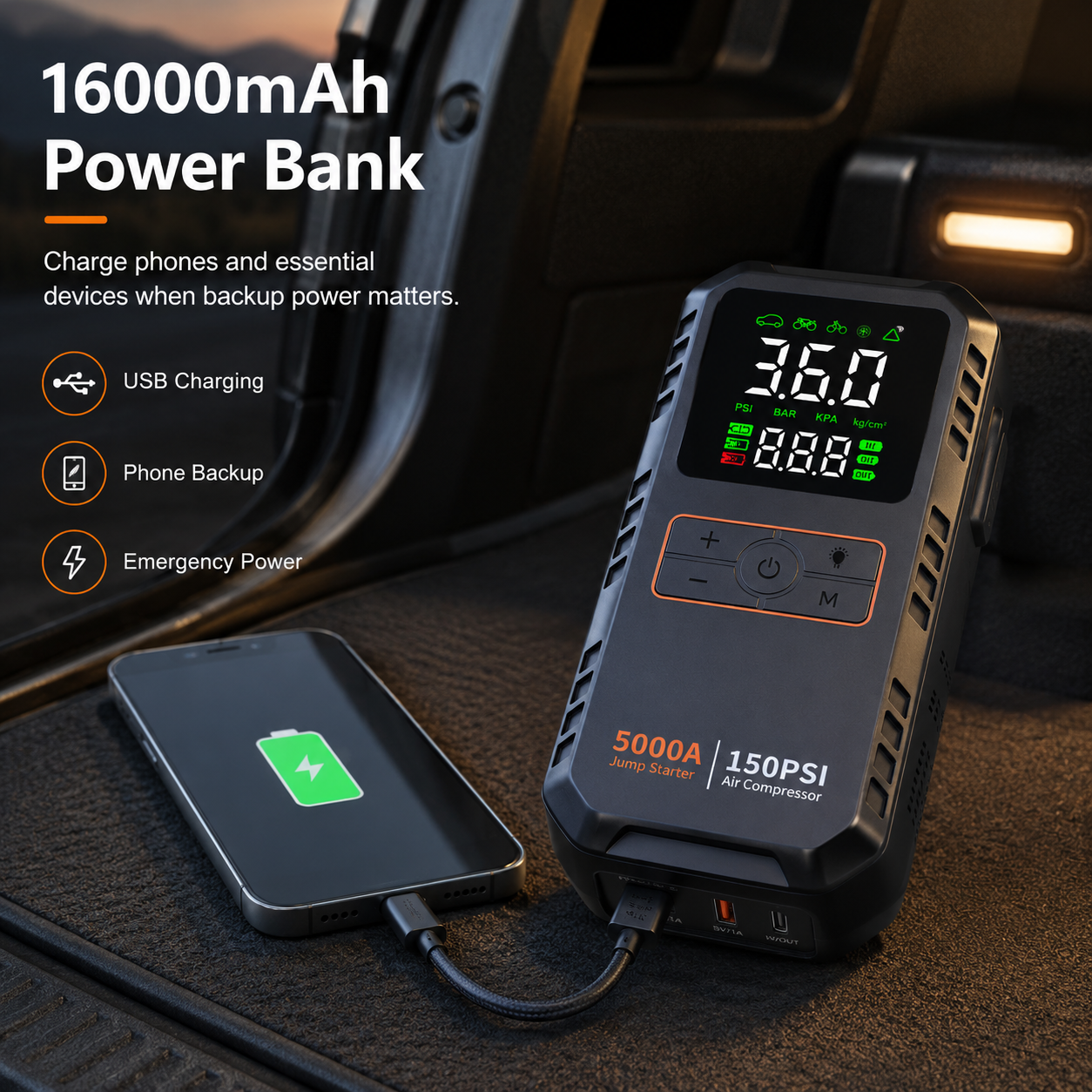 Přenosný startér do auta - 5000A špičkový proud - 4 v 1 - vzduchový kompresor - 16000mAh - 150 PSI