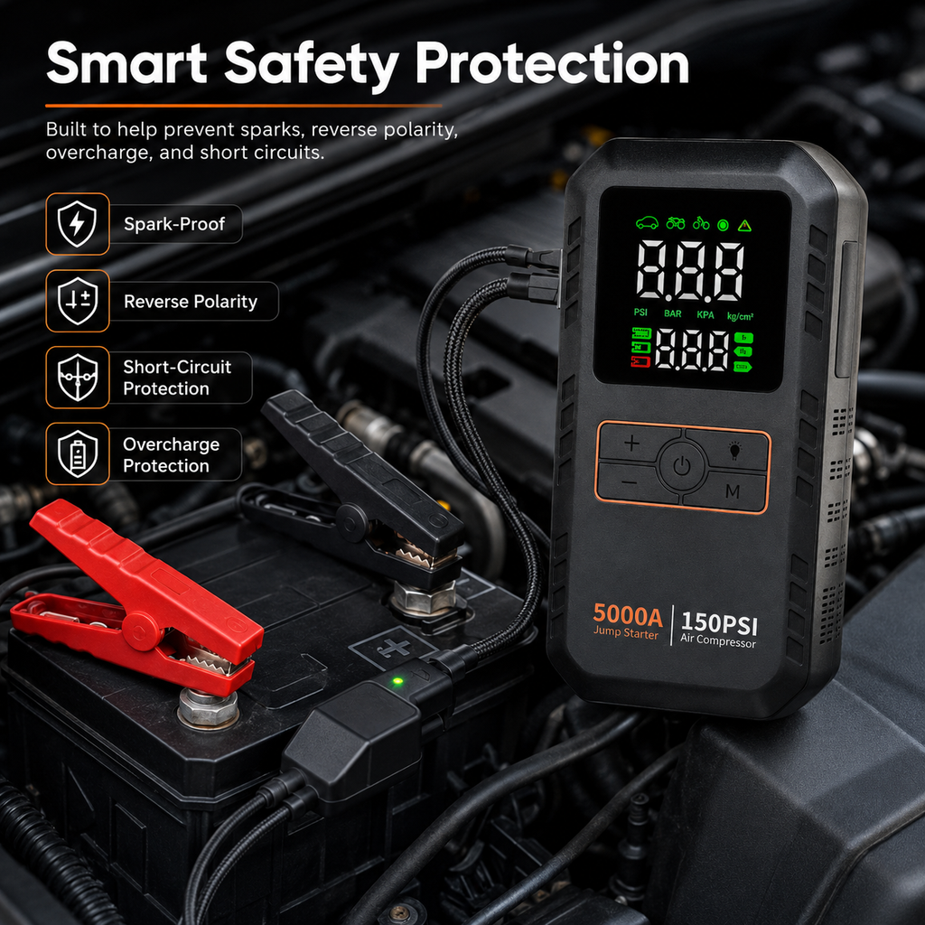 Přenosný startér do auta - 5000A špičkový proud - 4 v 1 - vzduchový kompresor - 16000mAh - 150 PSI