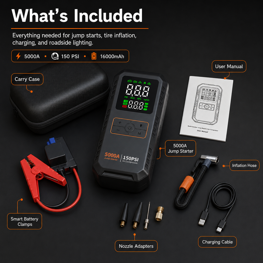 Přenosný startér do auta - 5000A špičkový proud - 4 v 1 - vzduchový kompresor - 16000mAh - 150 PSI
