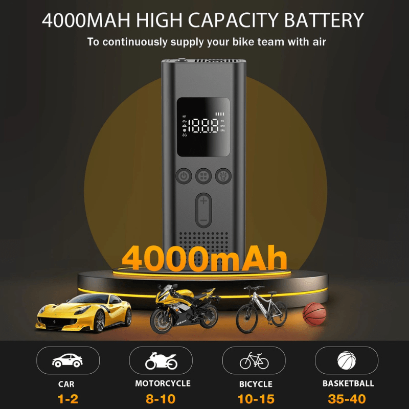 Bezdrátová vzduchová pumpa AeroPulse Pro s tlakem 150 PSI a LCD displejem pro automobily a jízdní kola