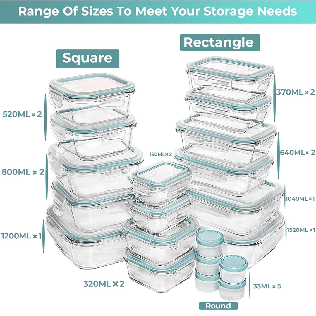 CrystalGuard 35 Piece Airtight Glass Storage Set BPA Safe For Meal Prep