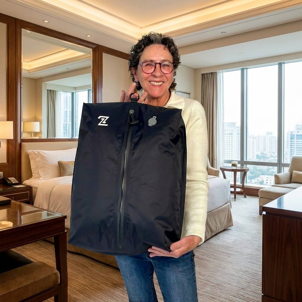 Traveller in a hotel room holding the packed compression bag