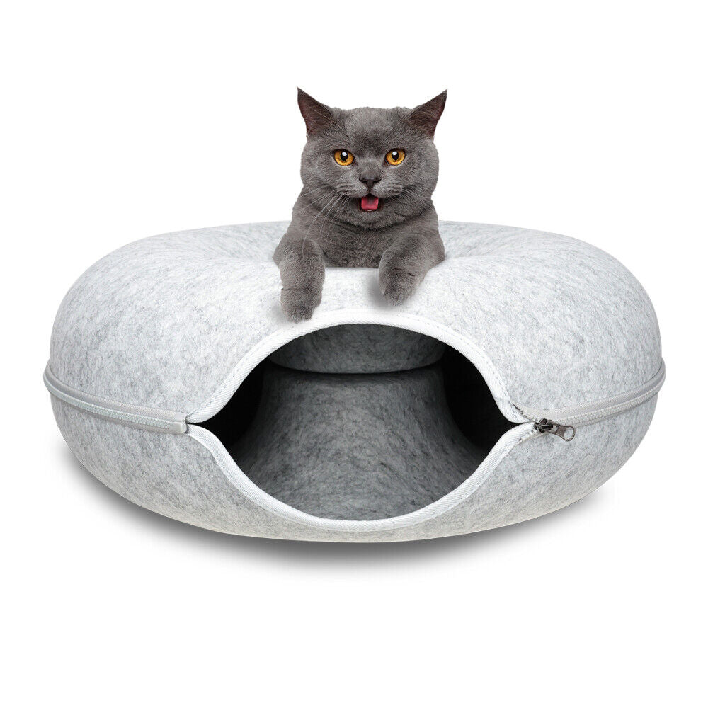 Vaaleanharmaa kissan tunneli peti – interaktiivinen donitsiluola kissoille ja pienille lemmikeille