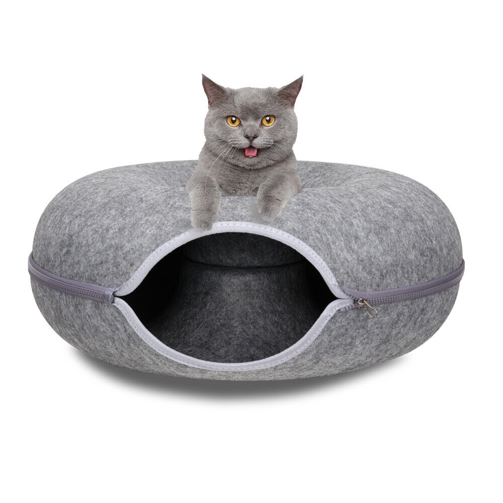 Cama túnel de fieltro gris oscuro para gatos - cueva tipo donut lavable y desmontable para gatos y mascotas pequeñas