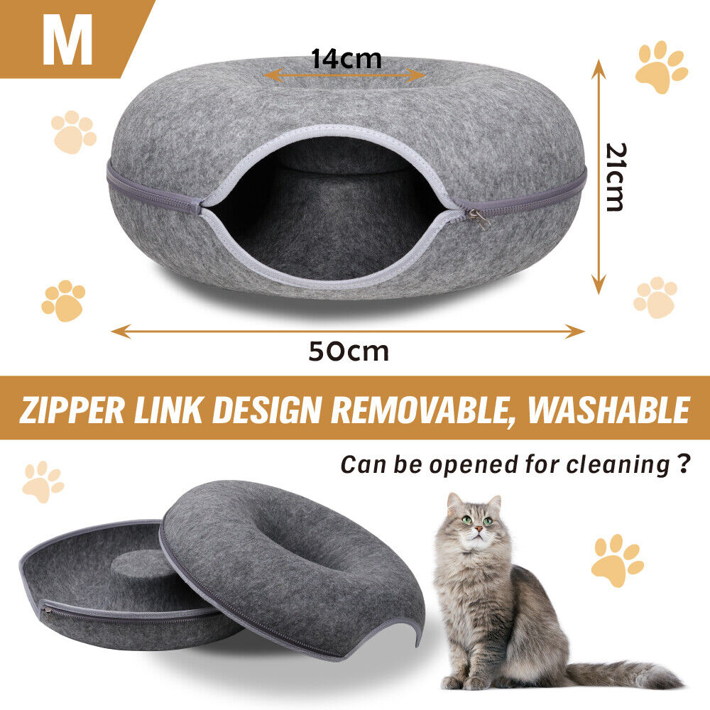 Cama túnel de fieltro gris oscuro para gatos - cueva tipo donut lavable y desmontable para gatos y mascotas pequeñas