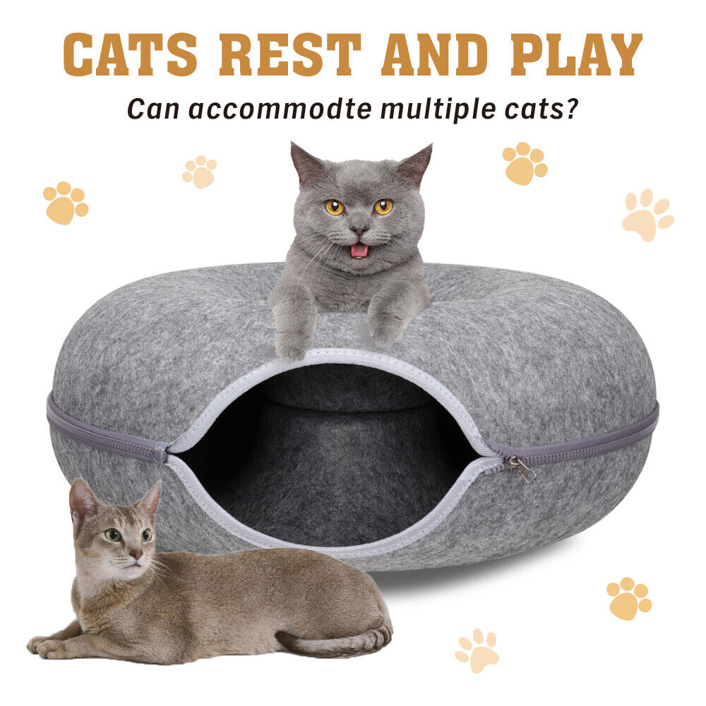 Cama túnel de fieltro gris oscuro para gatos - cueva tipo donut lavable y desmontable para gatos y mascotas pequeñas