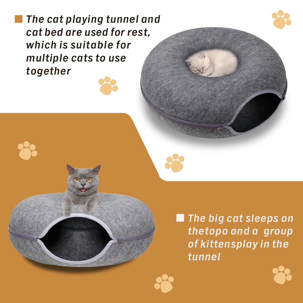 Cama túnel de fieltro gris oscuro para gatos - cueva tipo donut lavable y desmontable para gatos y mascotas pequeñas