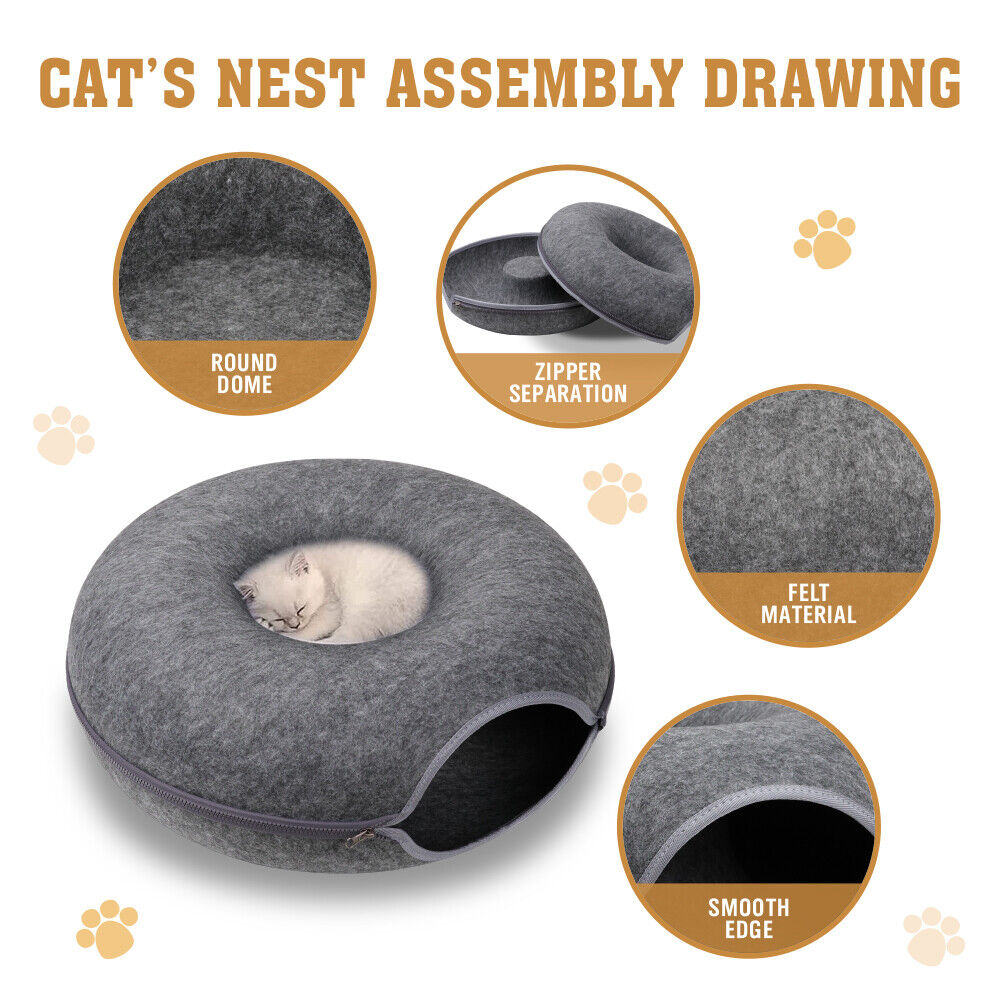 Cama túnel de fieltro gris oscuro para gatos - cueva tipo donut lavable y desmontable para gatos y mascotas pequeñas