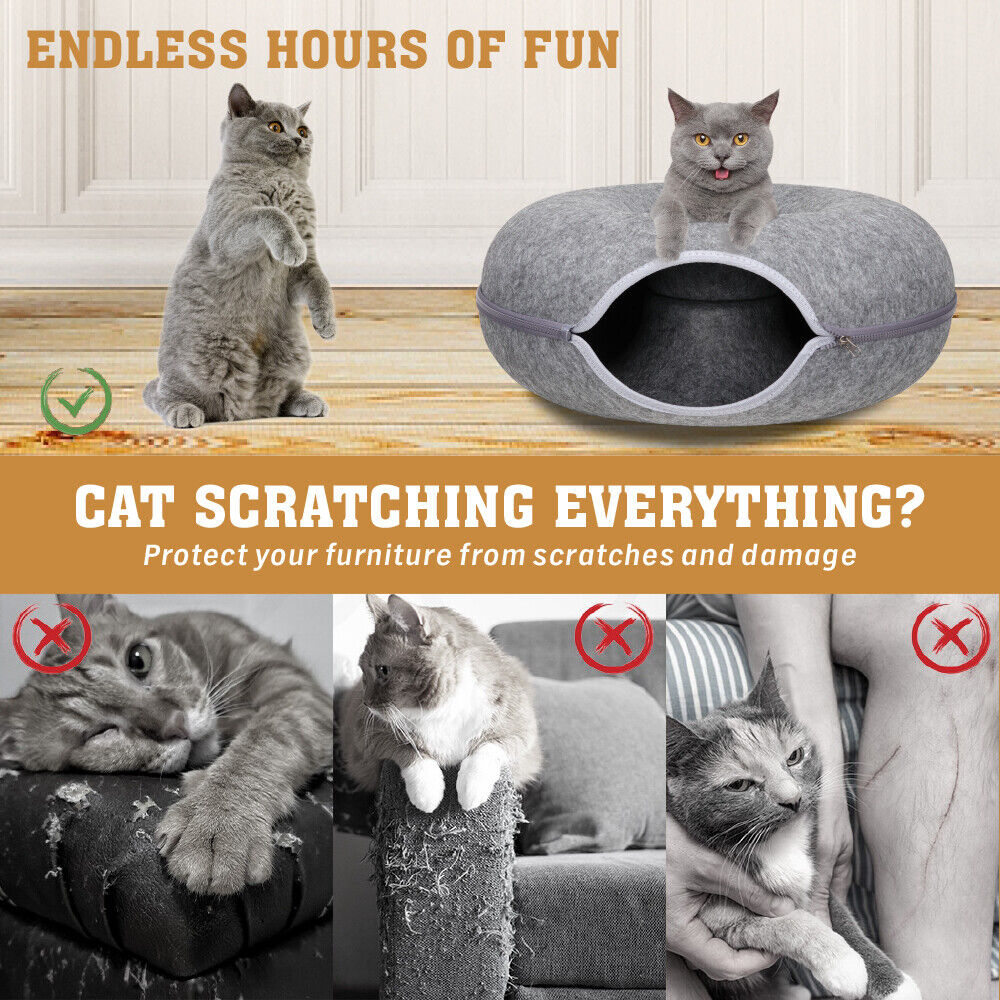 Cama túnel de fieltro gris oscuro para gatos - cueva tipo donut lavable y desmontable para gatos y mascotas pequeñas