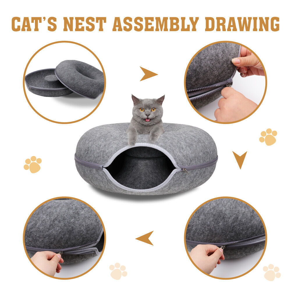 Cama túnel de fieltro gris oscuro para gatos - cueva tipo donut lavable y desmontable para gatos y mascotas pequeñas