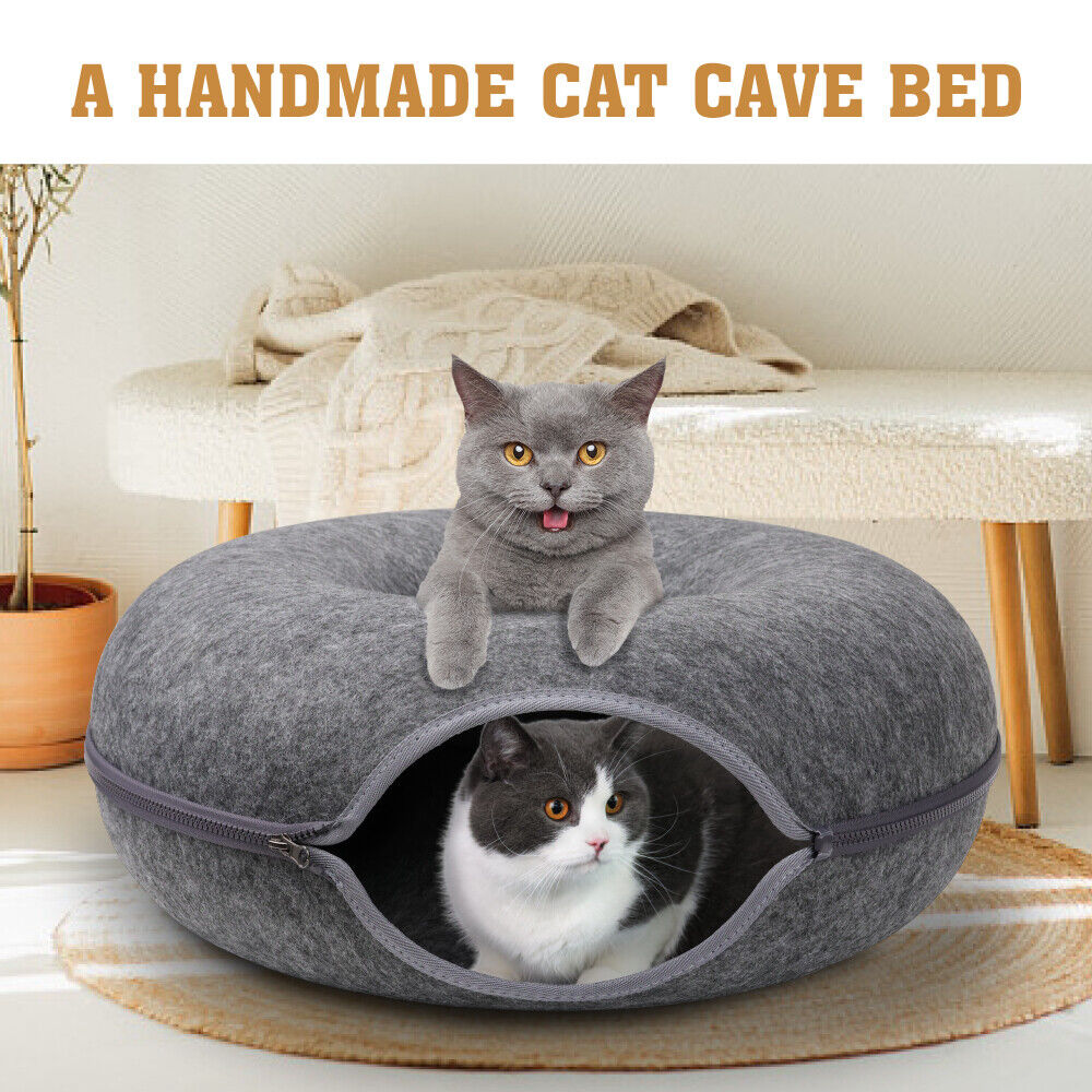 Cama túnel de fieltro gris oscuro para gatos - cueva tipo donut lavable y desmontable para gatos y mascotas pequeñas