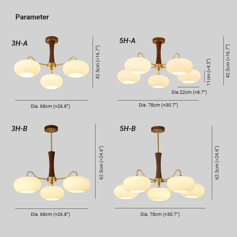 Candy Chandelier — Brass Arms, Wooden Column, Persimmon Frosted Glass