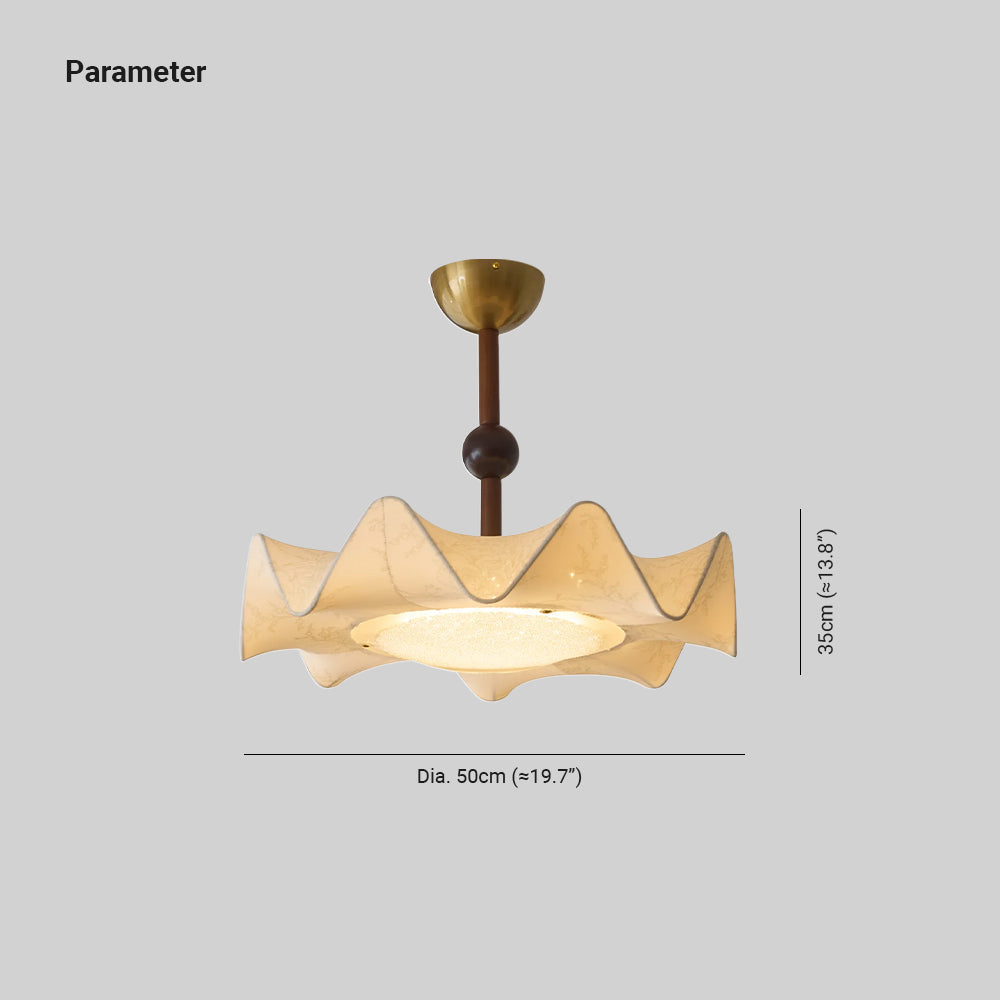 Lampa sufitowa Cyrie — drewniana rama, materiałowy klosz z wytrawianym kwiatowym wzorem