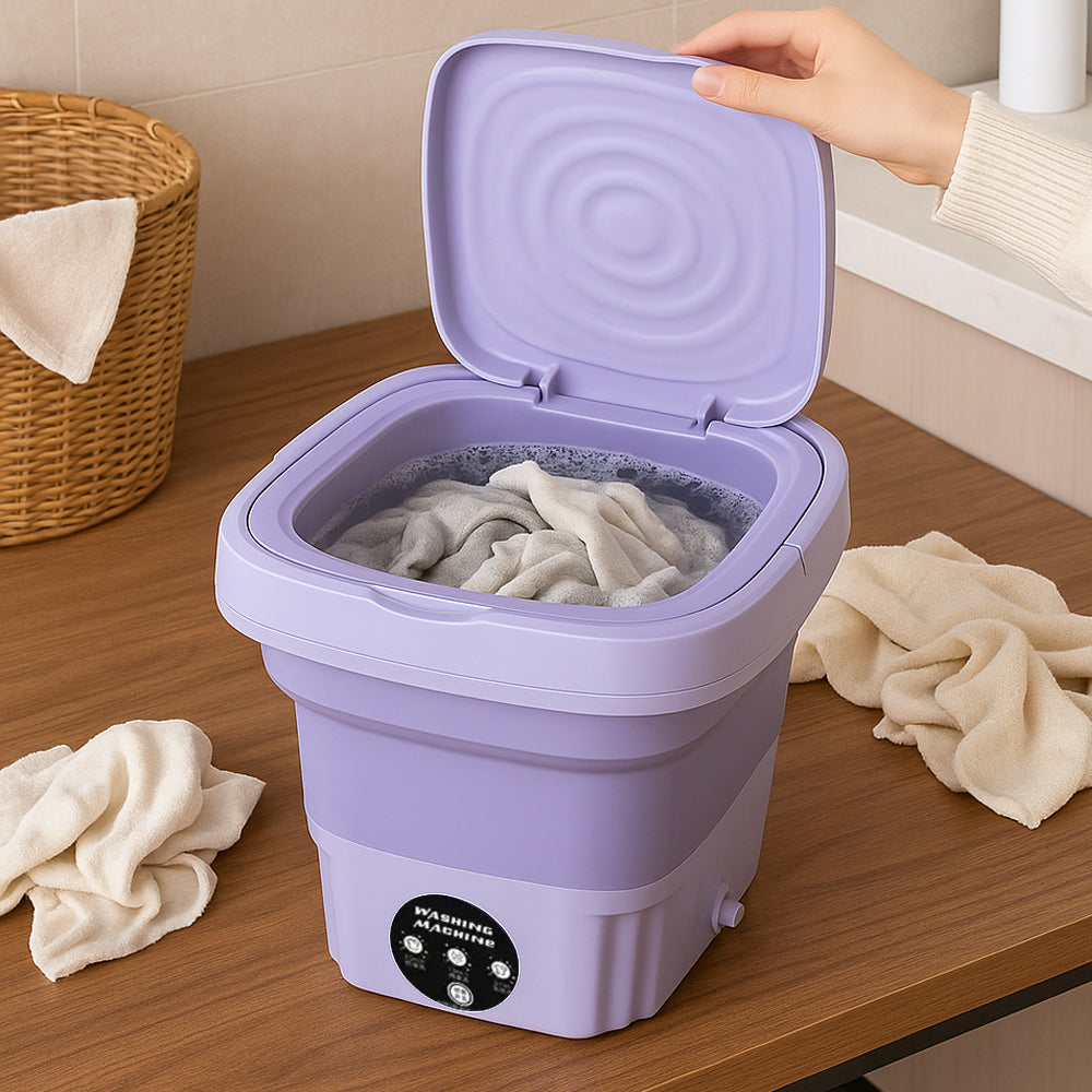 Sammenleggbar bærbar vaskemaskin med innebygd tørketrommel for hjemmebruk