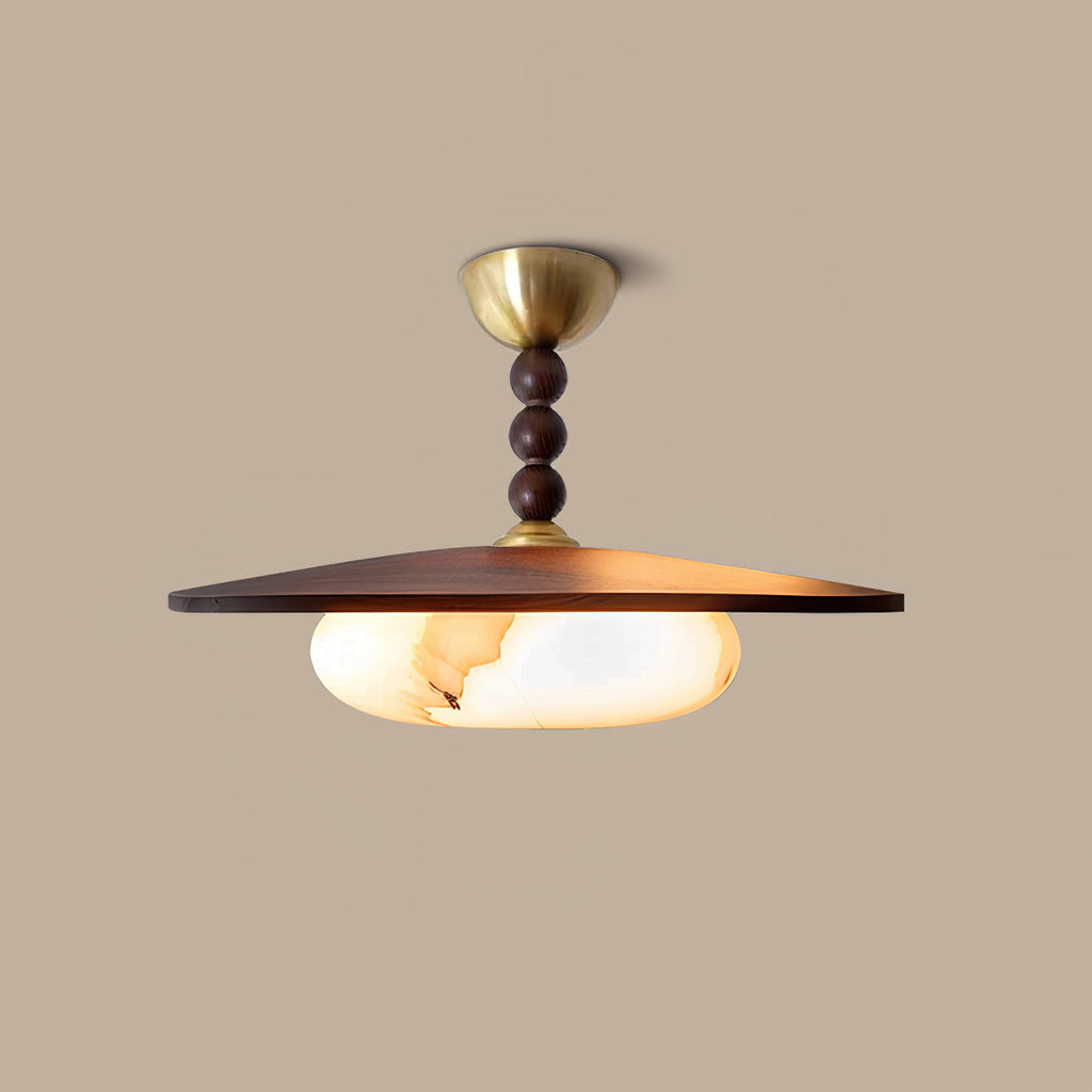 Lampa sufitowa Yeste — biały klosz z imitacji alabastru, oprawa w kolorze orzecha włoskiego