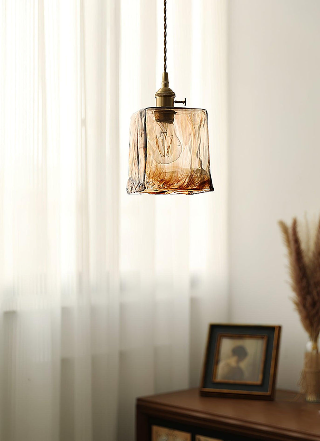 Lampada a sospensione da soffitto in vetro marrone vintage