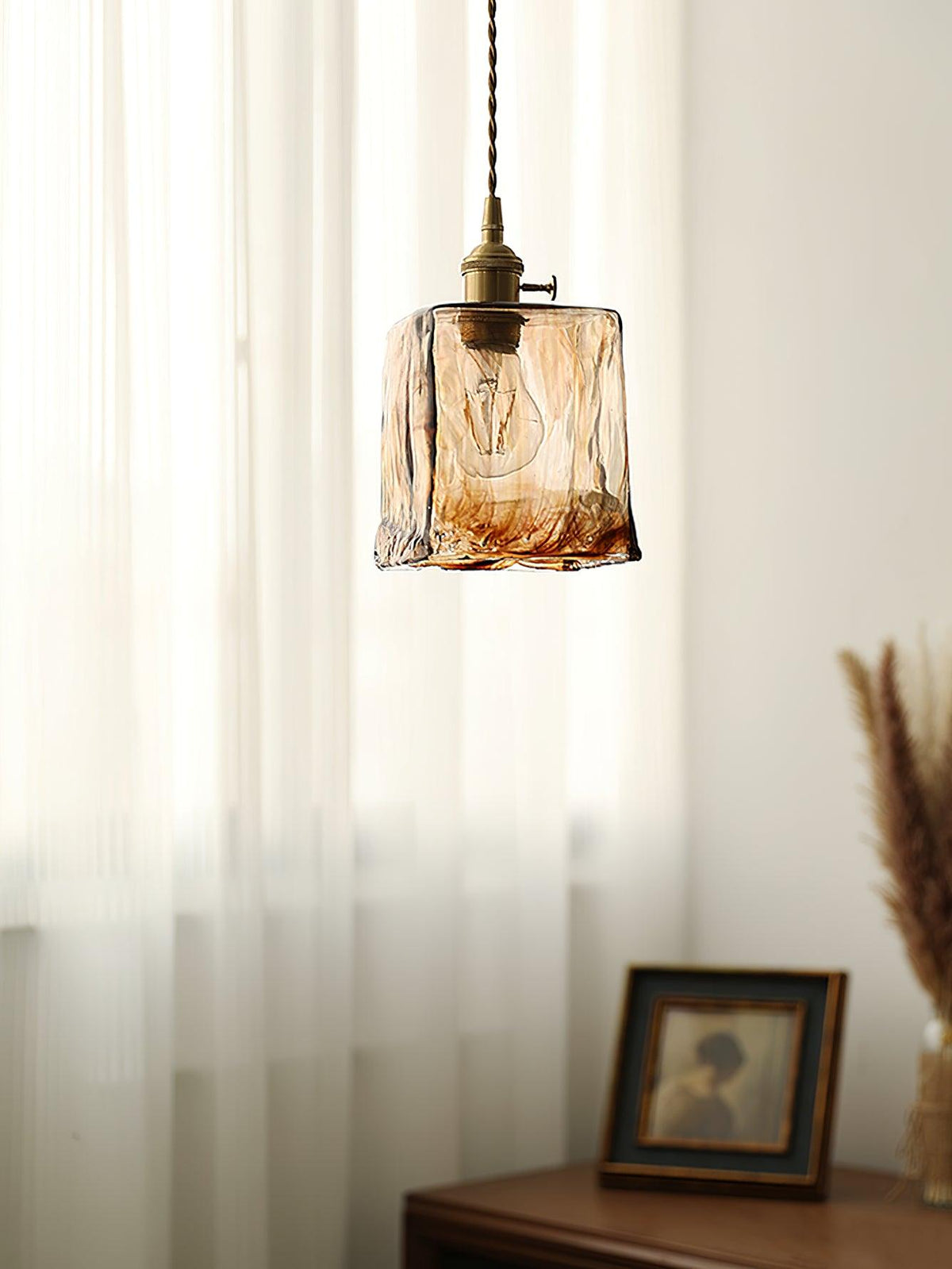 Lampada a sospensione da soffitto in vetro marrone vintage