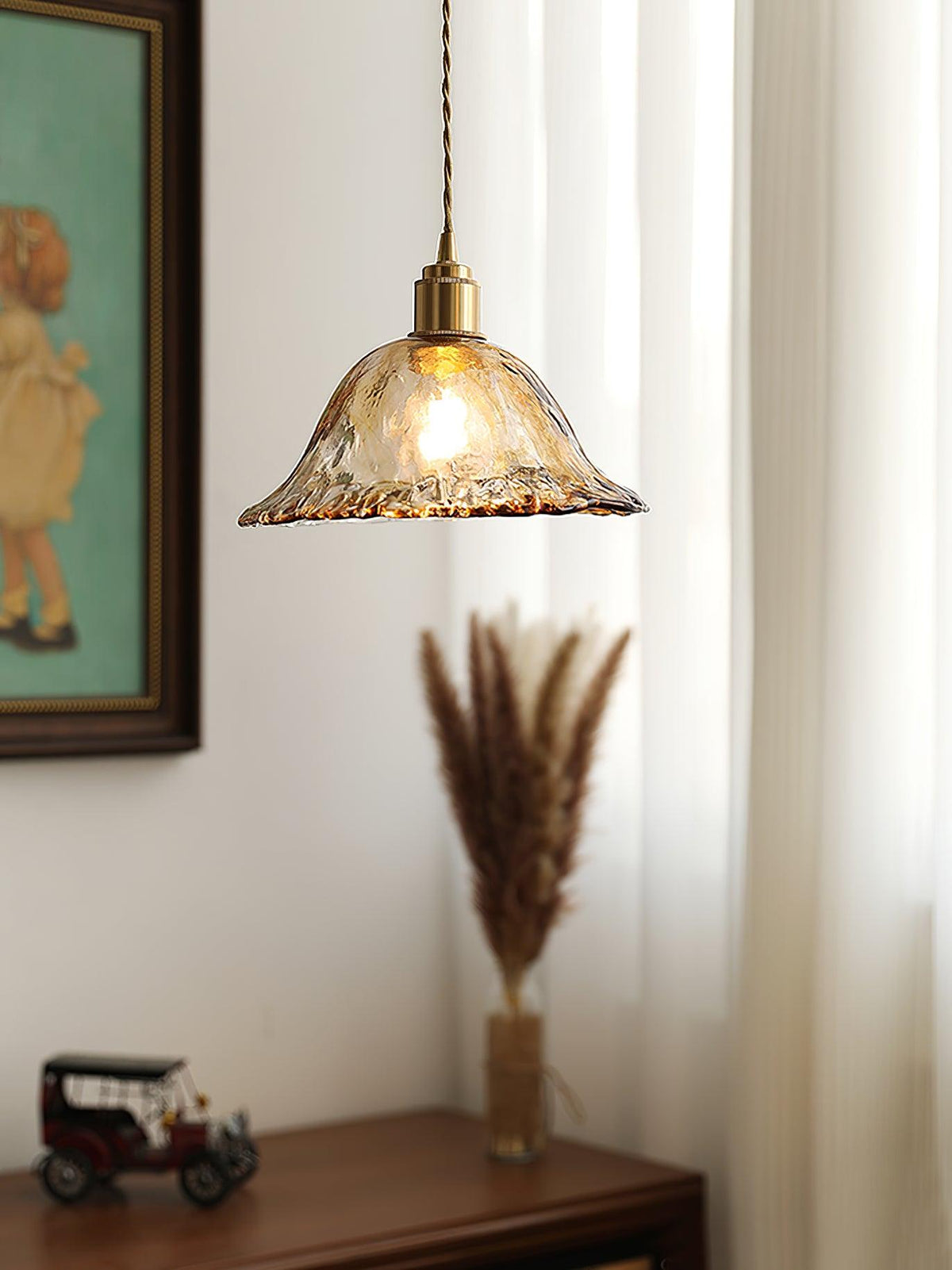 Lampada a sospensione da soffitto in vetro marrone vintage