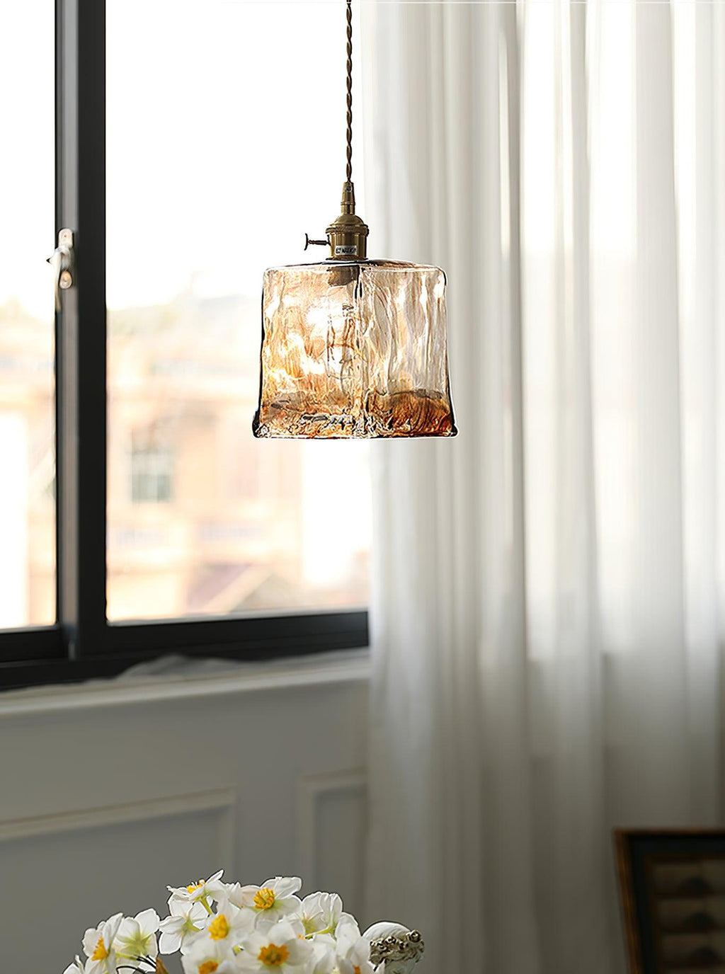 Lampada a sospensione da soffitto in vetro marrone vintage