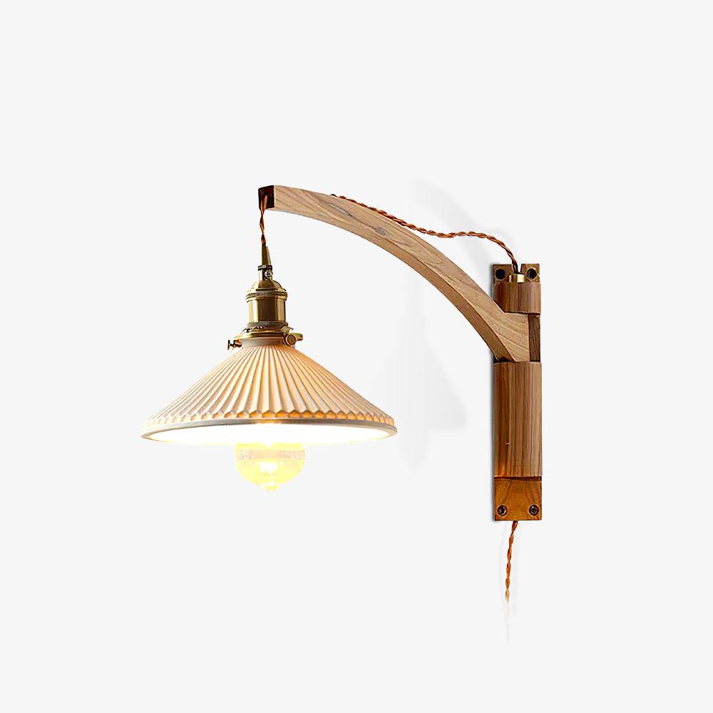 Nástěnná lampa s otočným ramenem — ořechové dřevo, nastavitelná, s plisovaným stínidlem