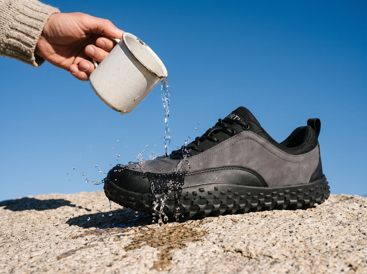 Water poured over the shoe on a rock to show the water-repellent upper