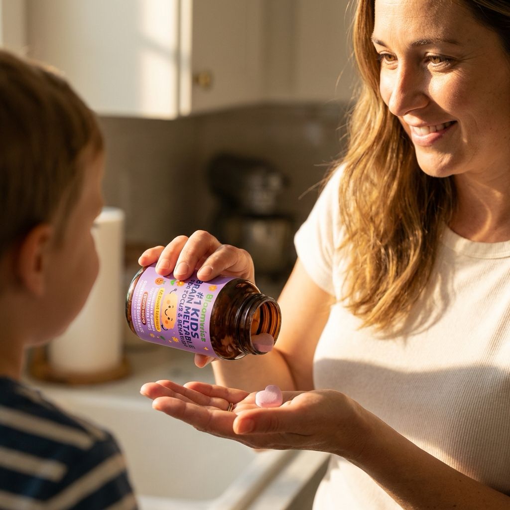 Mother pouring purple meltable chewables into her hand for her son in the kitchen