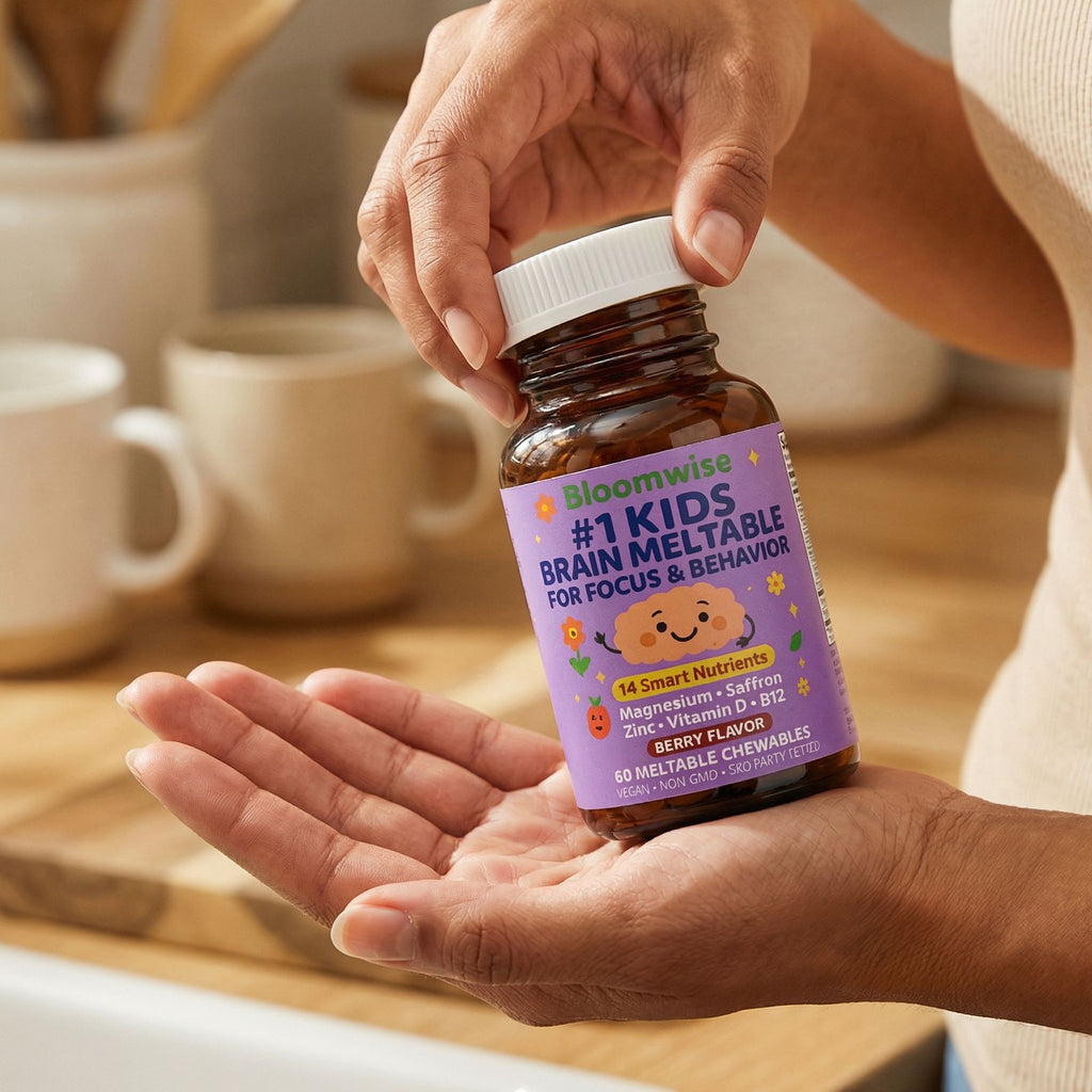 Purple chewables tipped from the bottle into an open hand