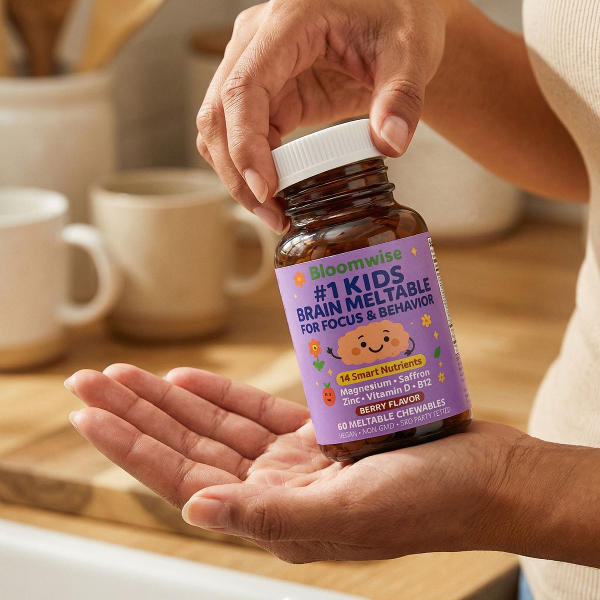 Purple chewables tipped from the bottle into an open hand