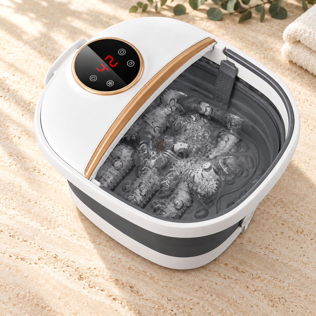 Foldable Foot Spa Bath Massager with Heat, Bubbles, 6 Massage Rollers, Temperature Control and Timer for Home Use