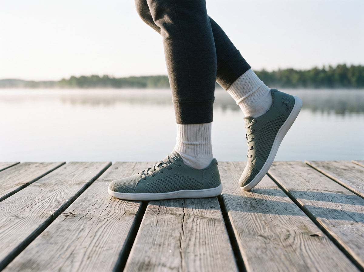 Walking on a wooden jetty by a lake in the sneakers