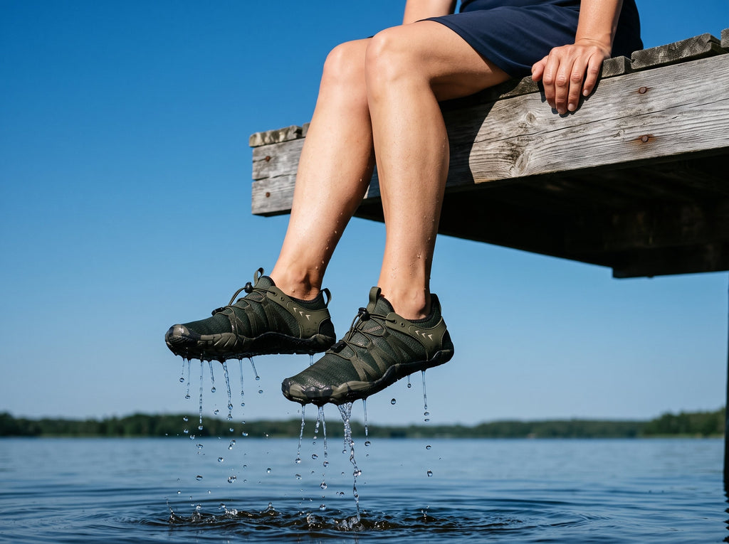 Legs in green barefoot shoes dangling over a lake with water dripping