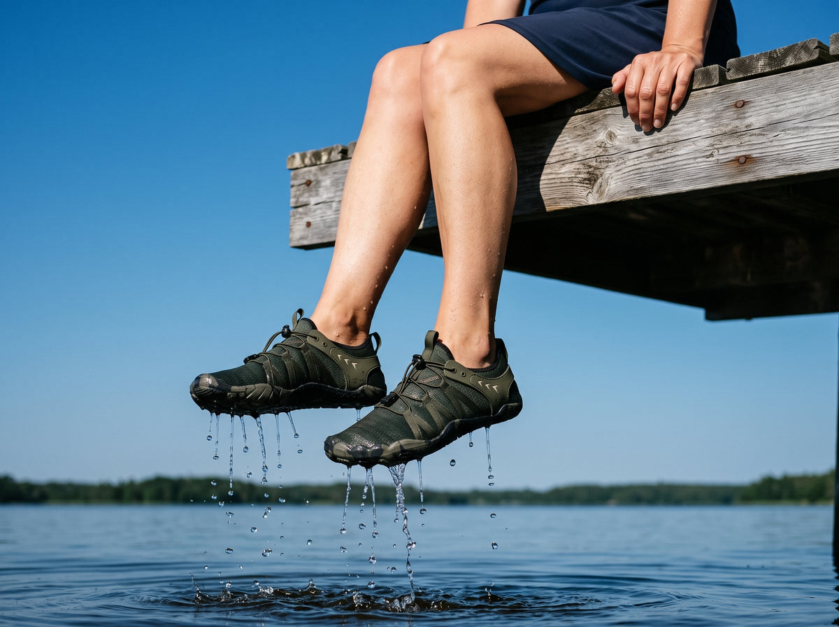 Legs in green barefoot shoes dangling over a lake with water dripping
