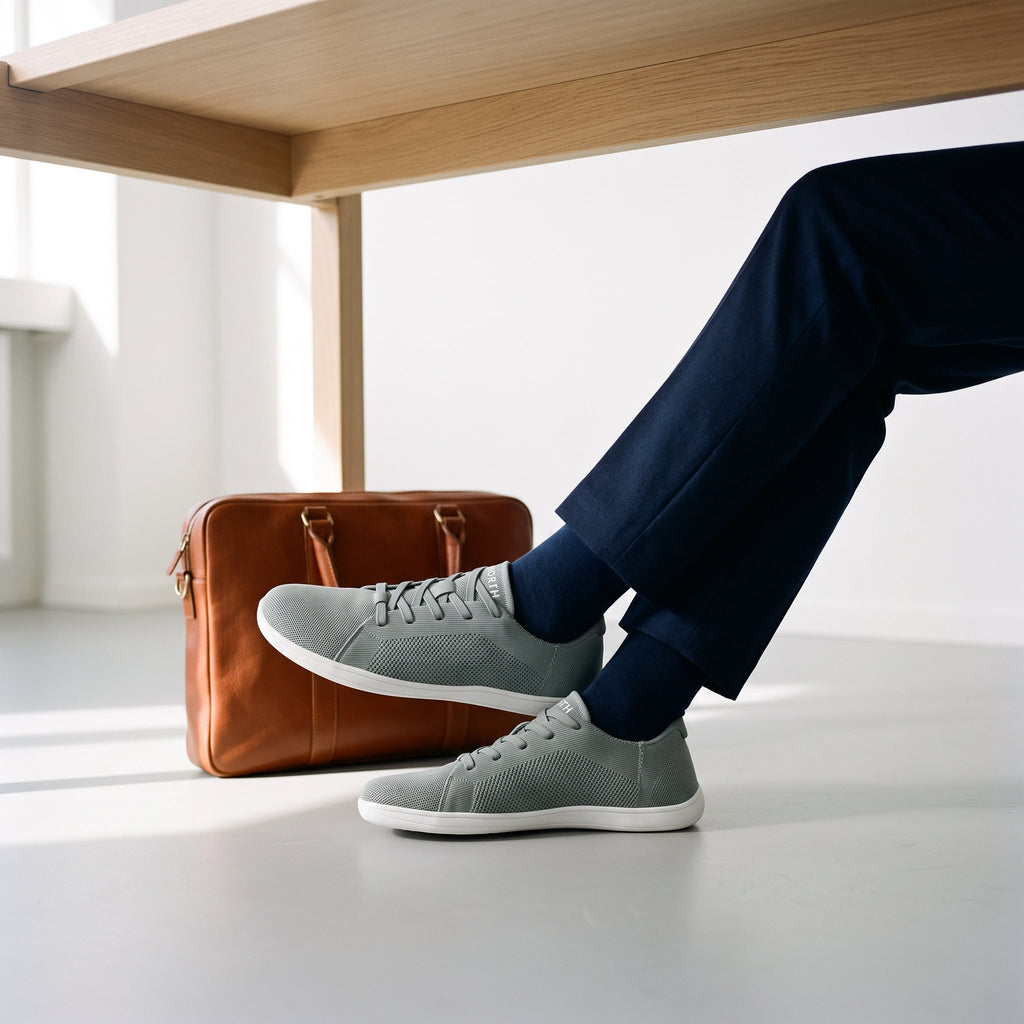 Sneakers worn under an office desk next to a leather bag