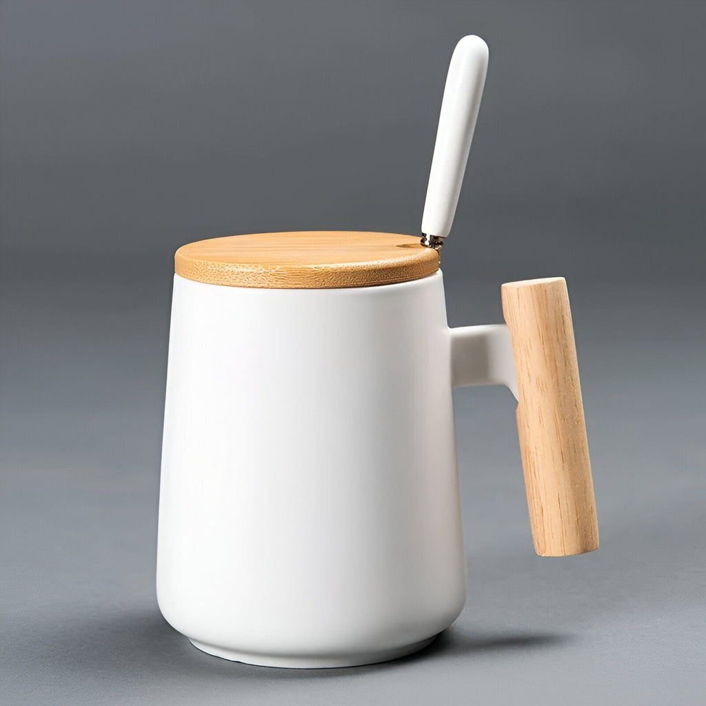 Cawan Kopi Seramik Pemegang Kayu
