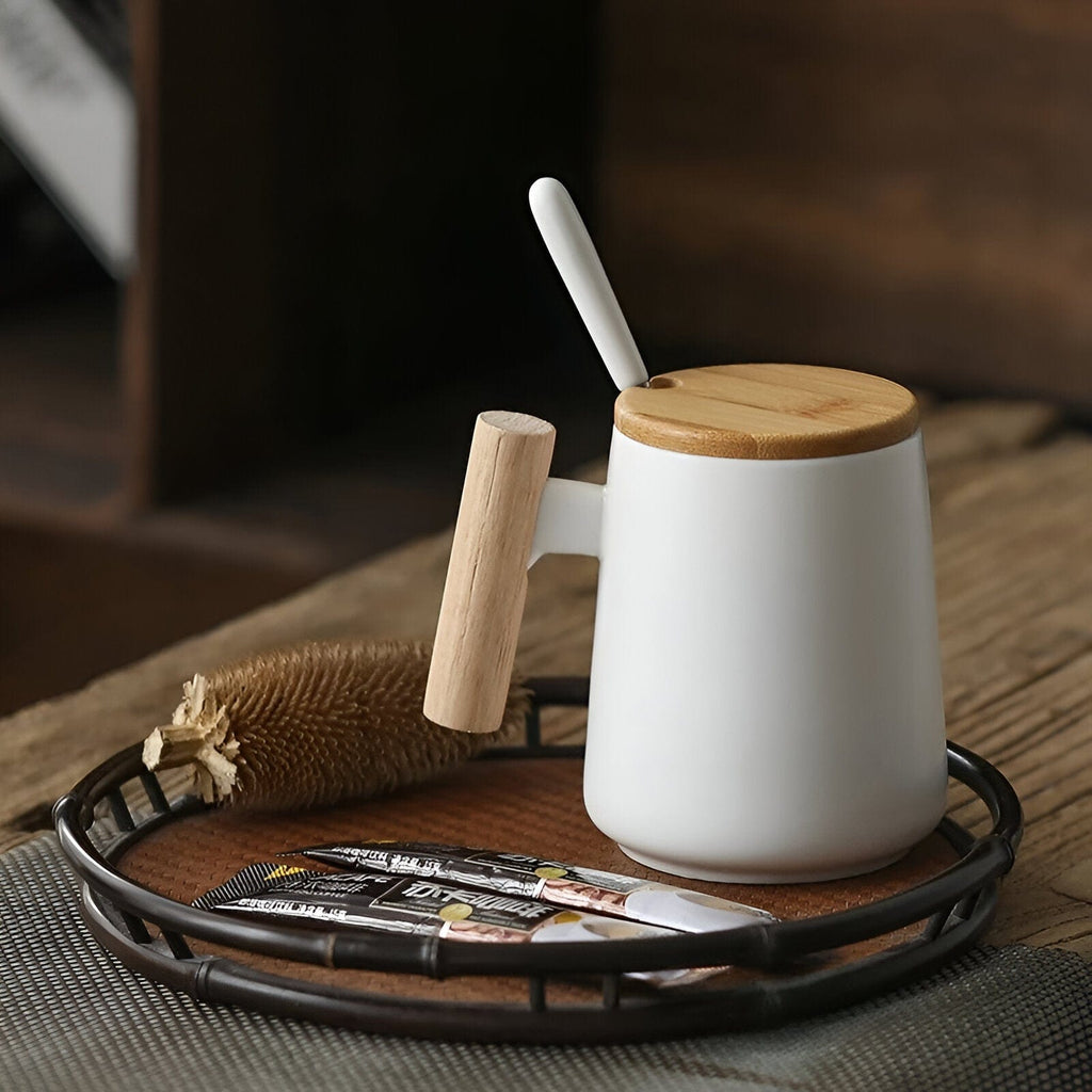 Cawan Kopi Seramik Pemegang Kayu
