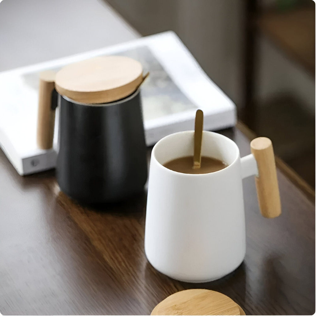 Cawan Kopi Seramik Pemegang Kayu