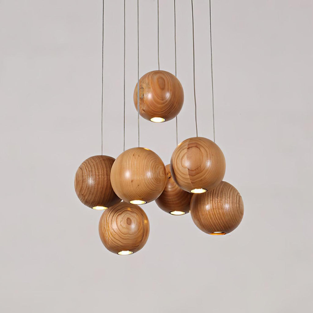 Wooden Sphere Cluster Pendant Light — Contemporary Ceiling Fixture