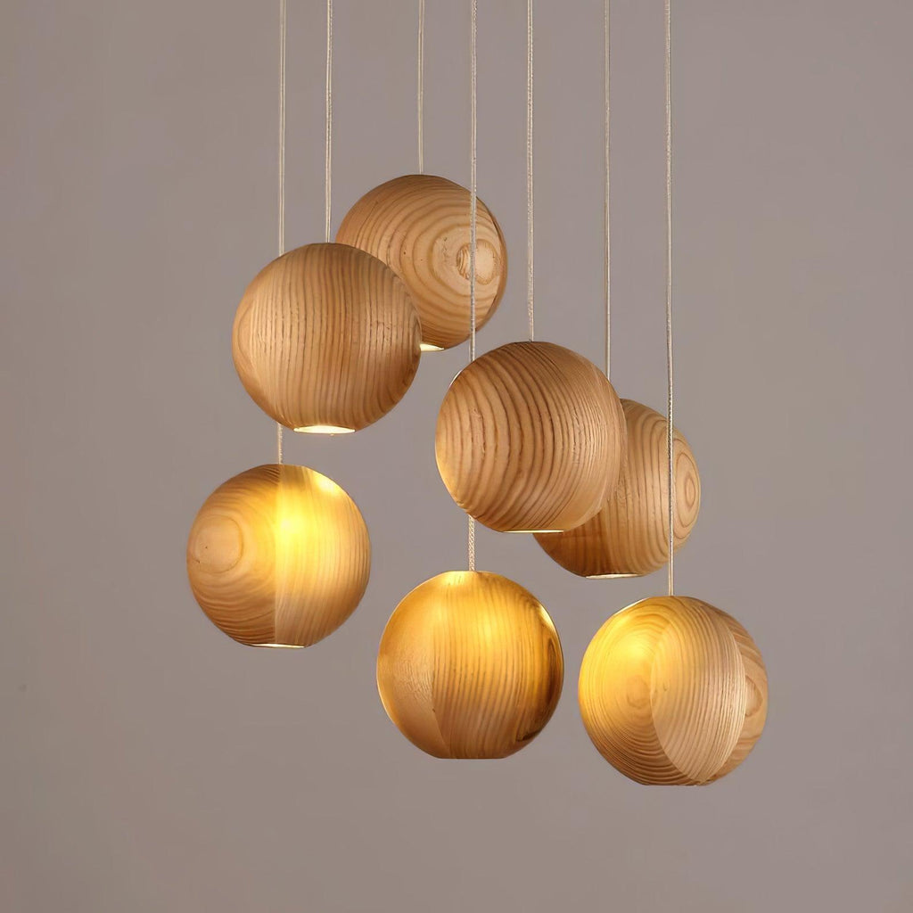 Wooden Sphere Cluster Pendant Light — Contemporary Ceiling Fixture