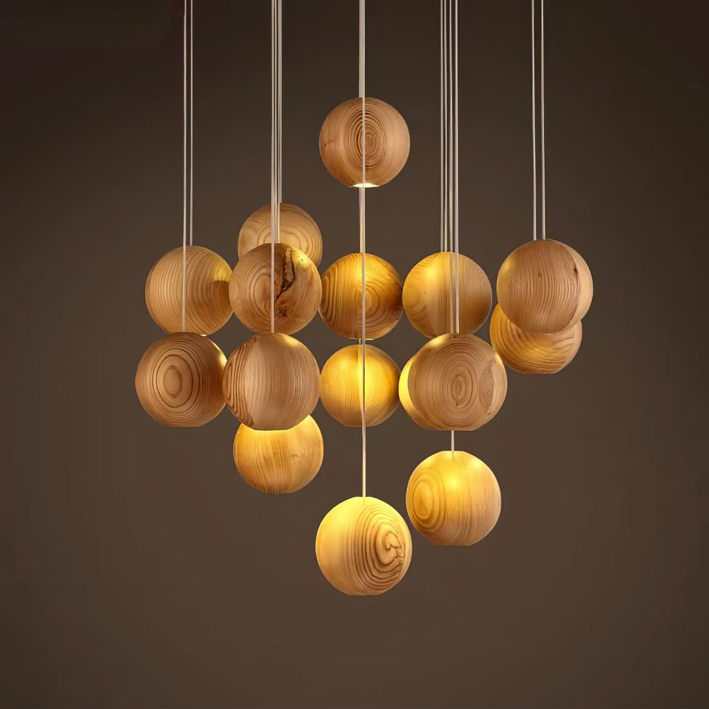 Wooden Sphere Cluster Pendant Light — Contemporary Ceiling Fixture