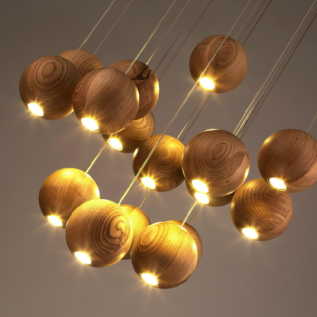 Wooden Sphere Cluster Pendant Light — Contemporary Ceiling Fixture