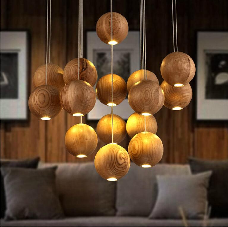 Wooden Sphere Cluster Pendant Light — Contemporary Ceiling Fixture