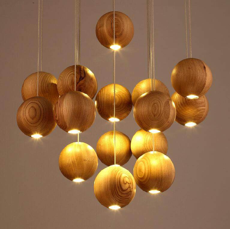 Wooden Sphere Cluster Pendant Light — Contemporary Ceiling Fixture