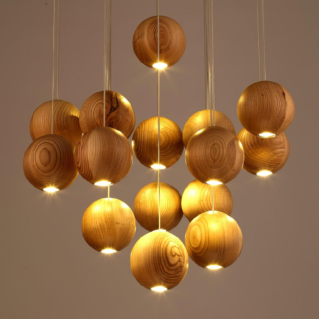 Wooden Sphere Cluster Pendant Light — Contemporary Ceiling Fixture