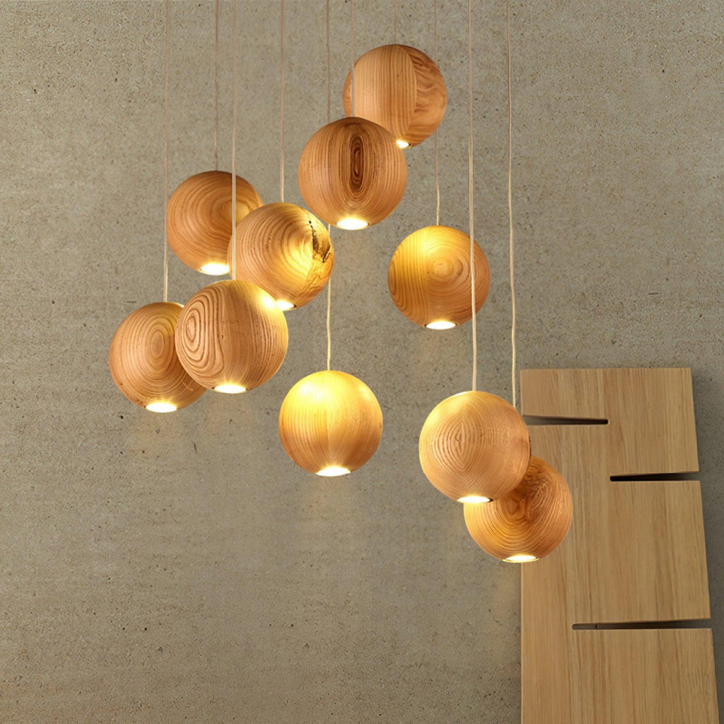 Wooden Sphere Cluster Pendant Light — Contemporary Ceiling Fixture