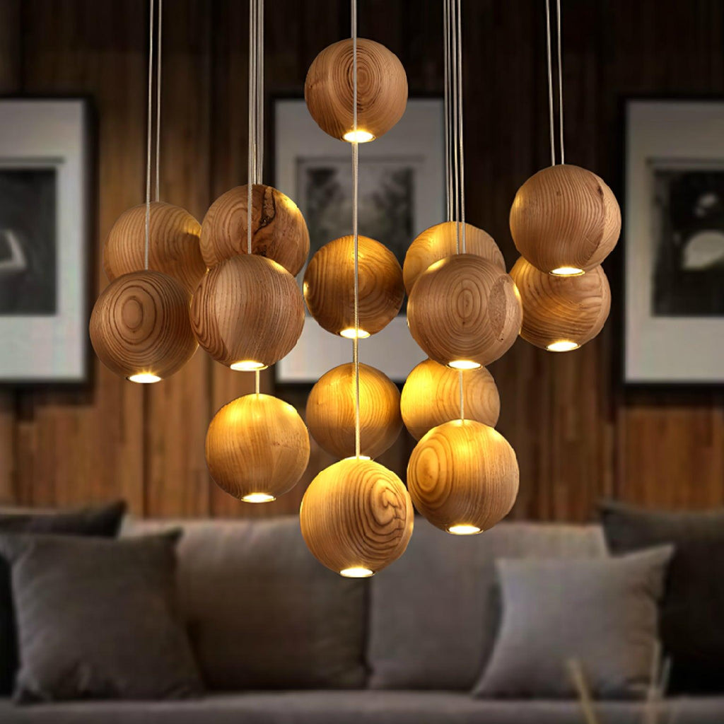 Wooden Sphere Cluster Pendant Light — Contemporary Ceiling Fixture