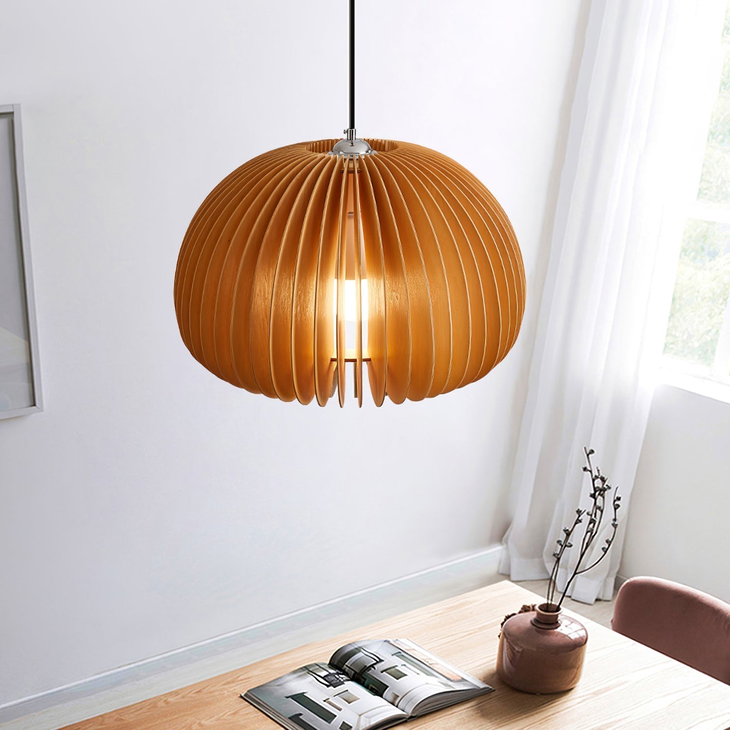 Lampada a sospensione da soffitto con zucca in legno