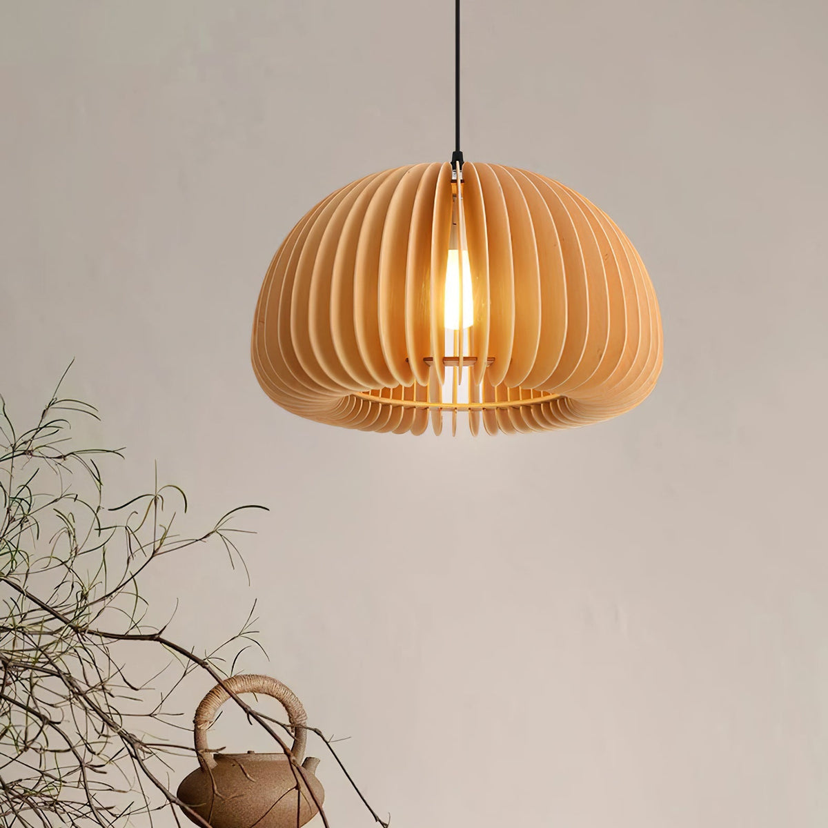 Lampada a sospensione da soffitto con zucca in legno