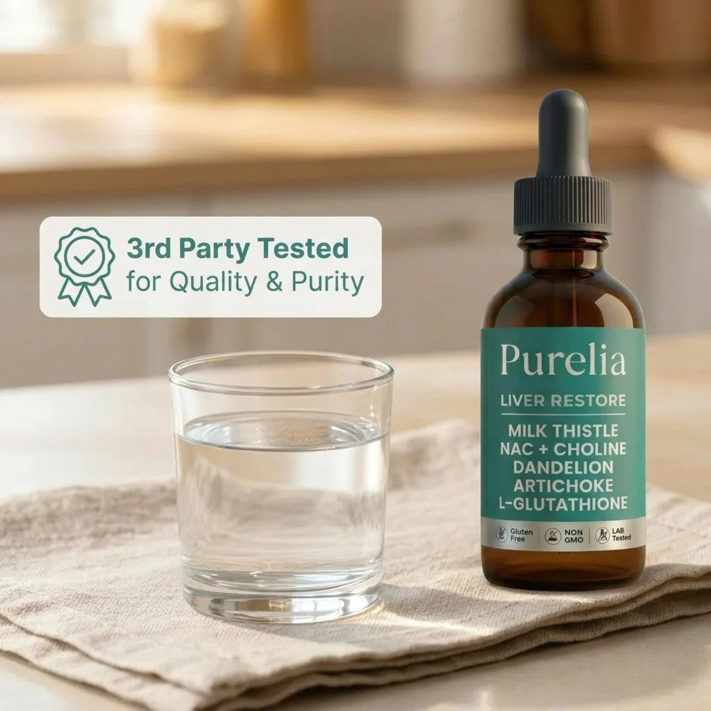 Bottle of liquid drops next to a glass of water, third-party tested